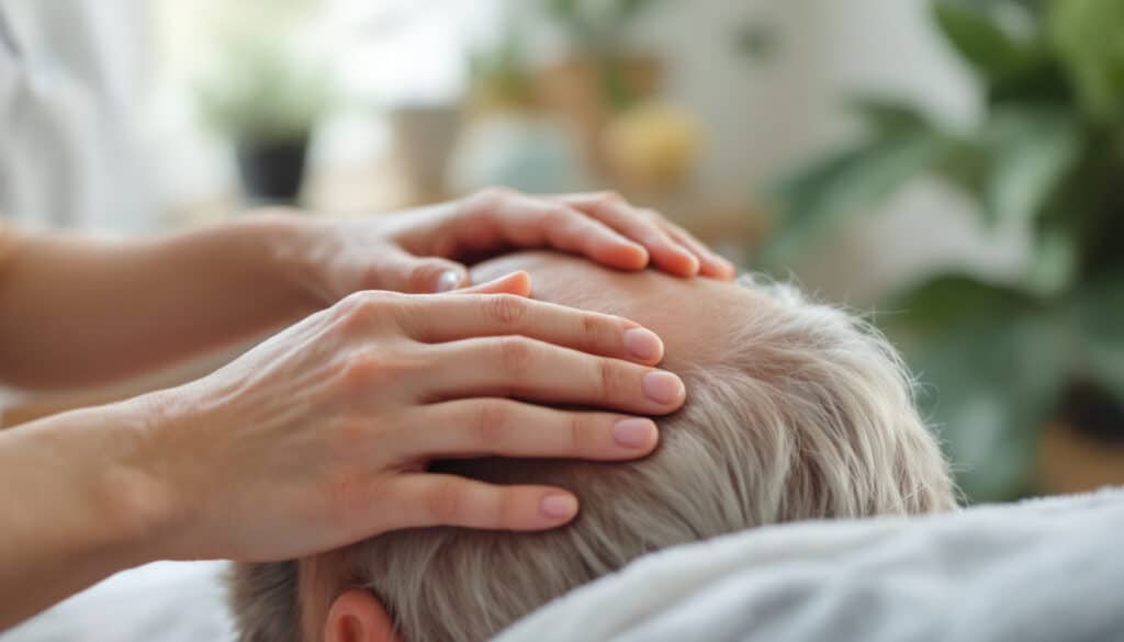 manos practicando terapia de reiki o masaje sobre la cabeza de una persona en un espacio calmado