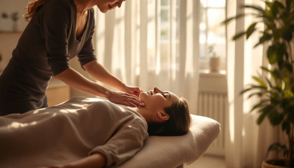 mujer realizando masaje relajante a otra persona en un espacio interior con luz natural