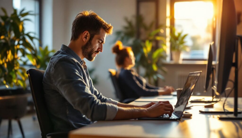 hombre trabajando en portatil en espacio de coworking iluminado