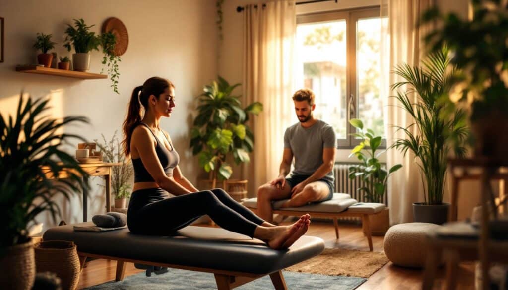 instructor y alumna en clase de pilates conversando sobre ejercicios