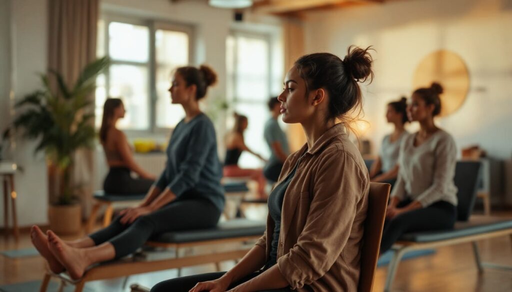 mujeres en clase de pilates con maquinas en sala con luz natural