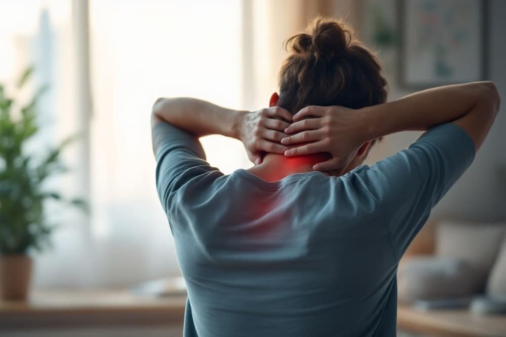 mujer con dolor de cuello en casa con espalda iluminada en zona de dolor