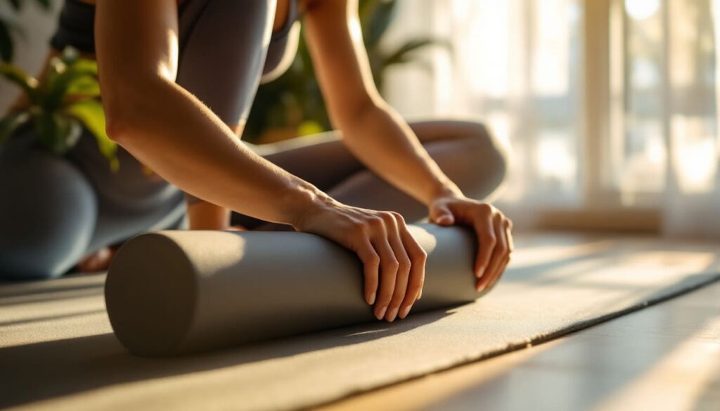 persona enrollando esterilla de yoga en consulta o centro de relajacion