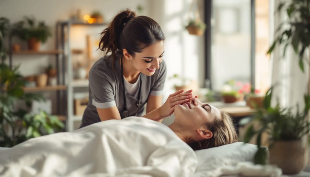 terapeuta realizando tratamiento facial en consulta acogedora de bienestar