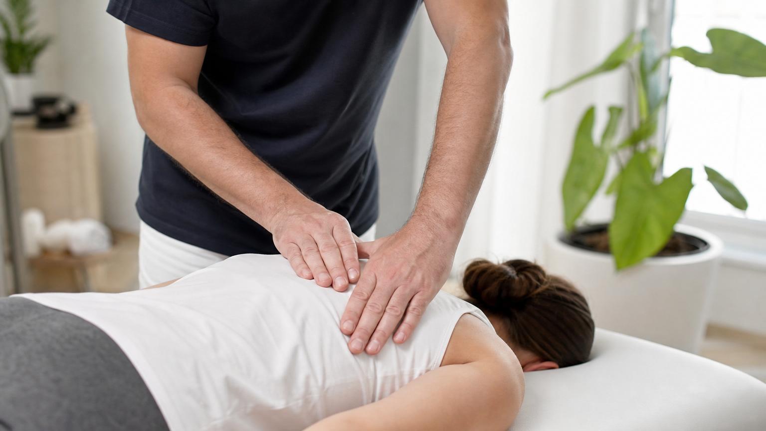 Physiotherapist applying manual pressure to a woman's upper back during a spinal treatment in a bright, modern clinic.