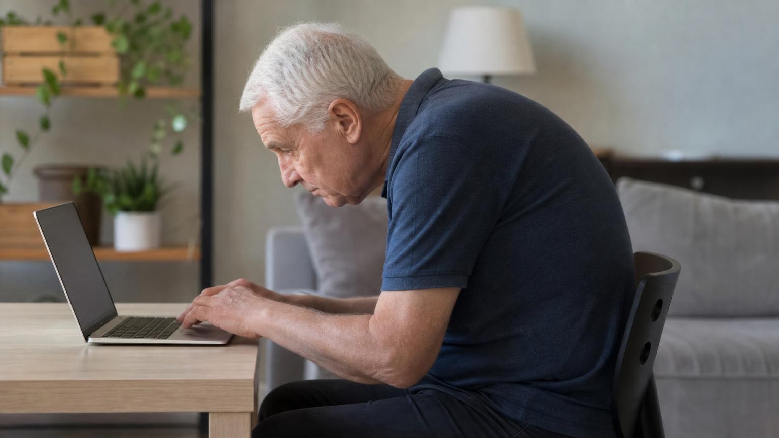 Senior man with a pronounced hunched back sitting at a desk and typing on a laptop, illustrating poor posture and hyperkyphosis.