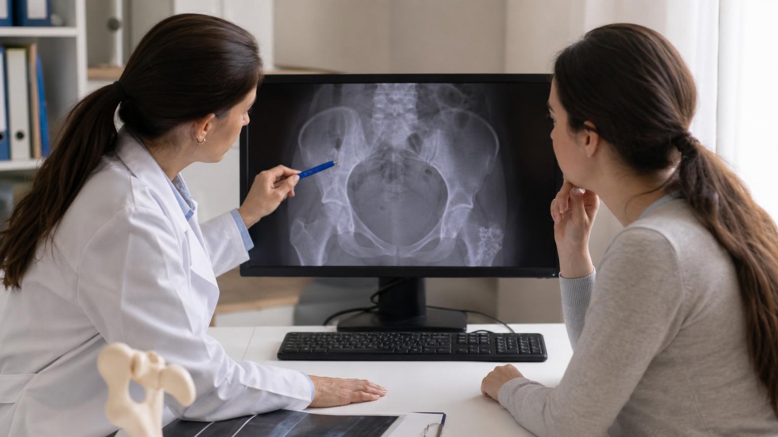 Doctor in a white coat pointing a blue pen at a pelvic X-ray on a computer monitor while discussing results with a female patient. Doctor in a white coat pointing a blue pen at a pelvic X-ray on a computer monitor while discussing results with a female patient.