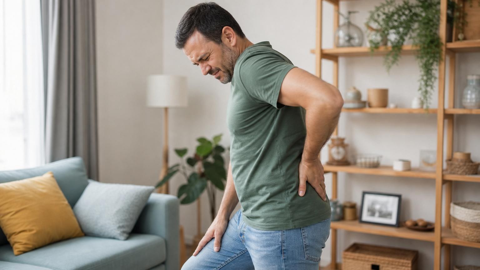 Man in a green t-shirt grimacing in pain while clutching his lower back in a bright, modern living room. Man in a green t-shirt grimacing in pain while clutching his lower back in a bright, modern living room.